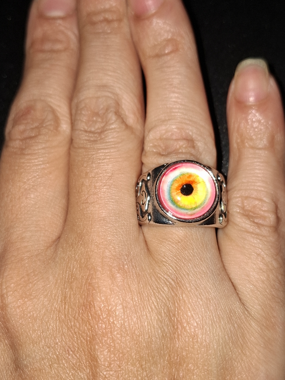Silver Multicolor Eye Statement Ring in Pink and Yellow - Unbranded